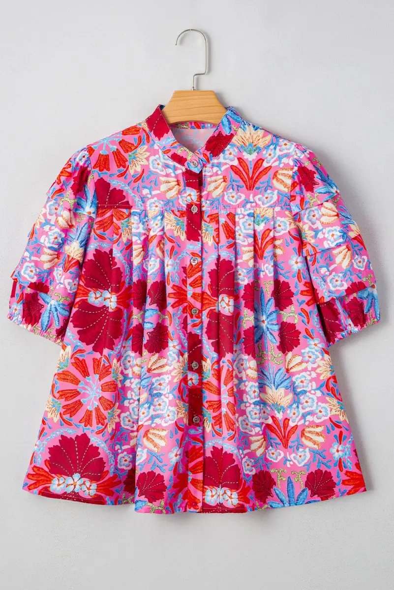 Pink Floral Print Bubble Sleeve Button Up Pleated Shirt - Love Salve